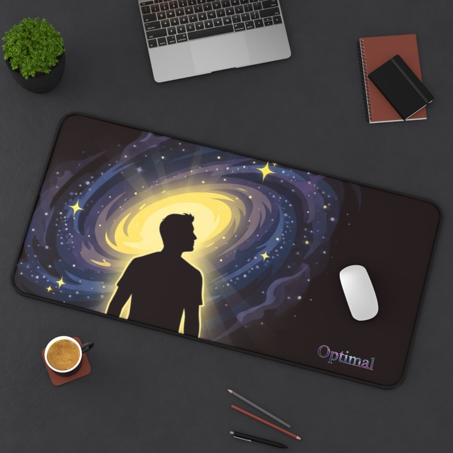 Cosmic Mind Desk Mat — Galaxy Silhouette Mousepad with "Optimal" Text