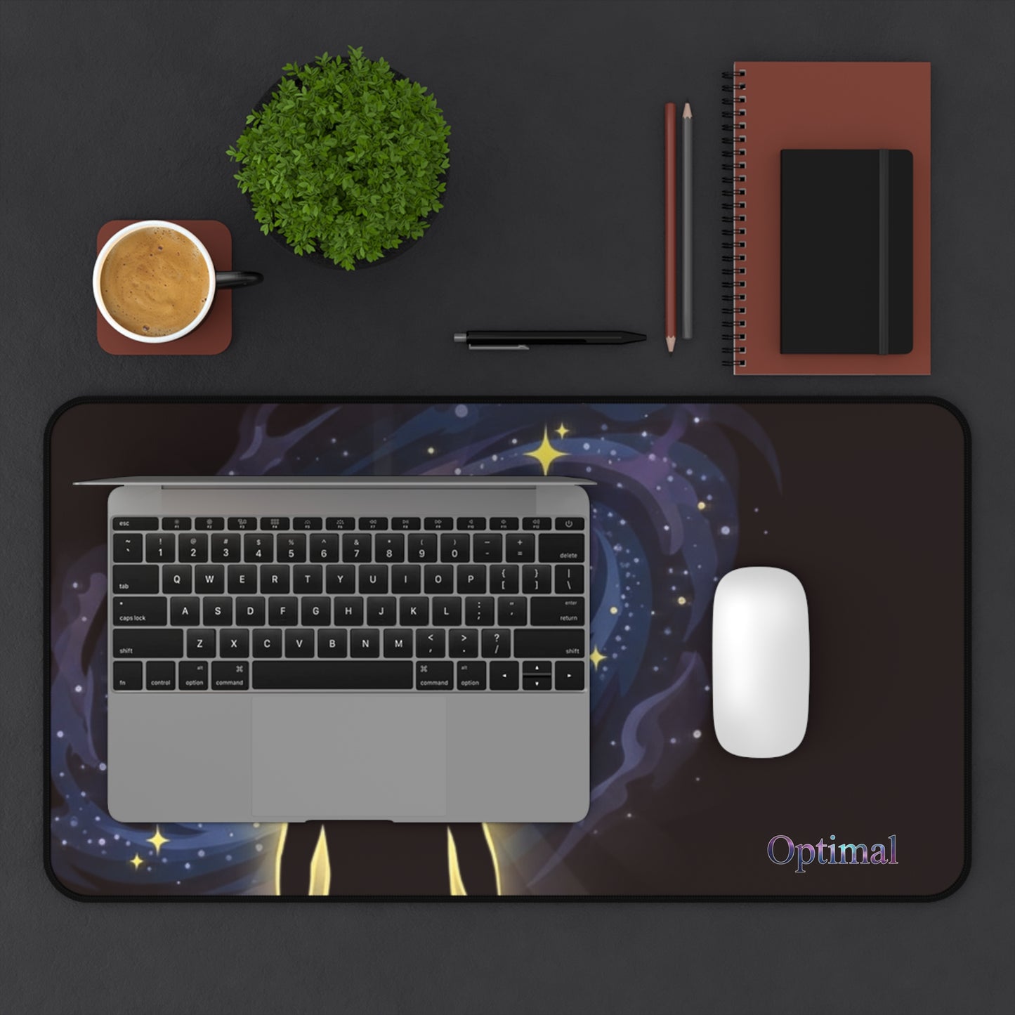 Cosmic Mind Desk Mat — Galaxy Silhouette Mousepad with "Optimal" Text