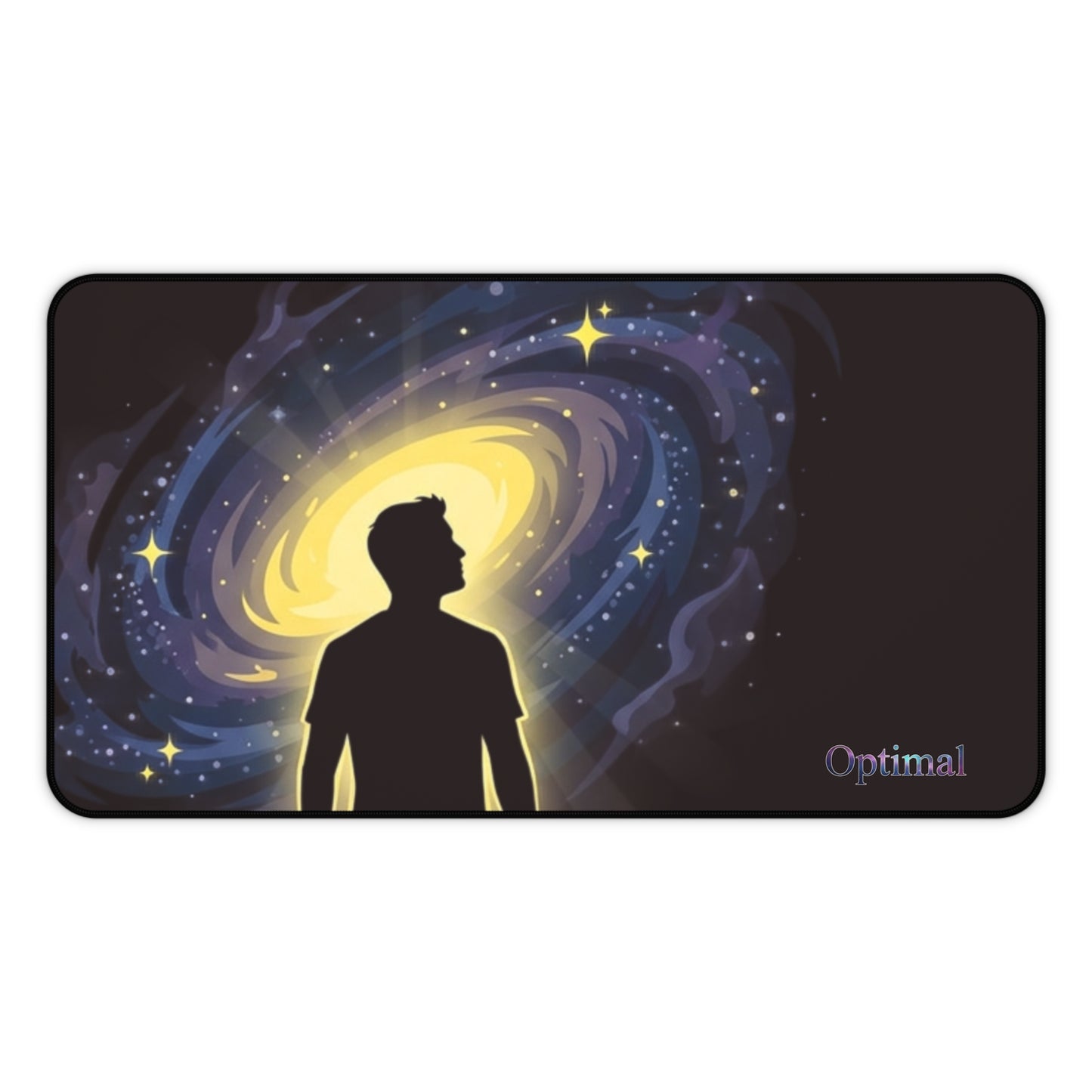 Cosmic Mind Desk Mat — Galaxy Silhouette Mousepad with "Optimal" Text