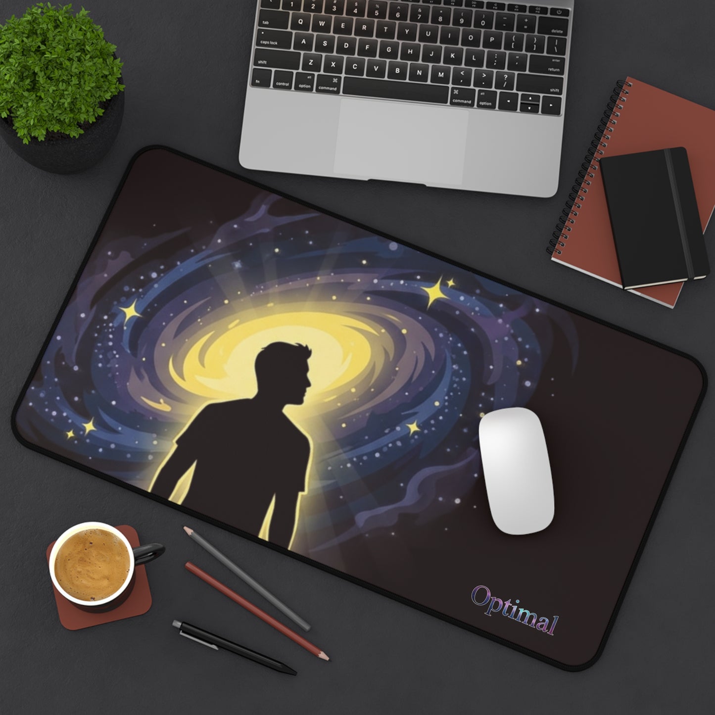 Cosmic Mind Desk Mat — Galaxy Silhouette Mousepad with "Optimal" Text