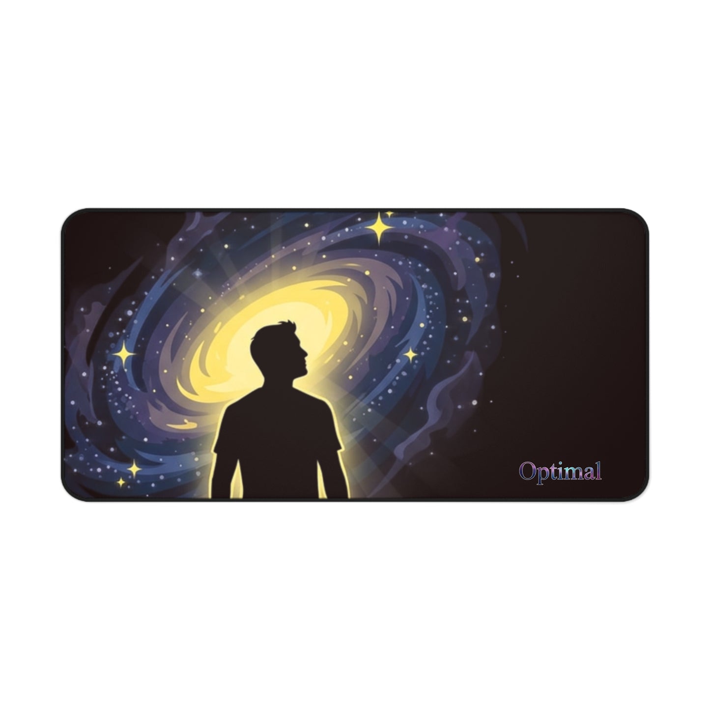 Cosmic Mind Desk Mat — Galaxy Silhouette Mousepad with "Optimal" Text