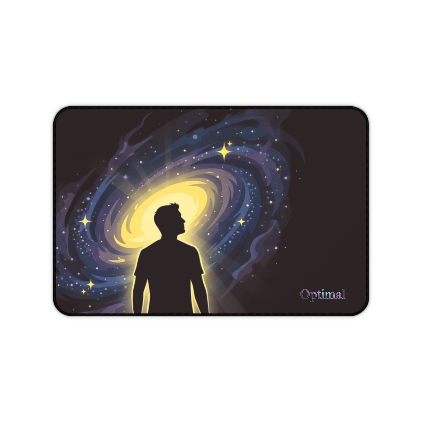 Cosmic Mind Desk Mat — Galaxy Silhouette Mousepad with "Optimal" Text
