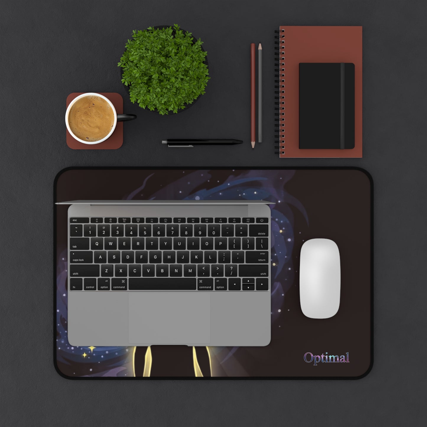 Cosmic Mind Desk Mat — Galaxy Silhouette Mousepad with "Optimal" Text