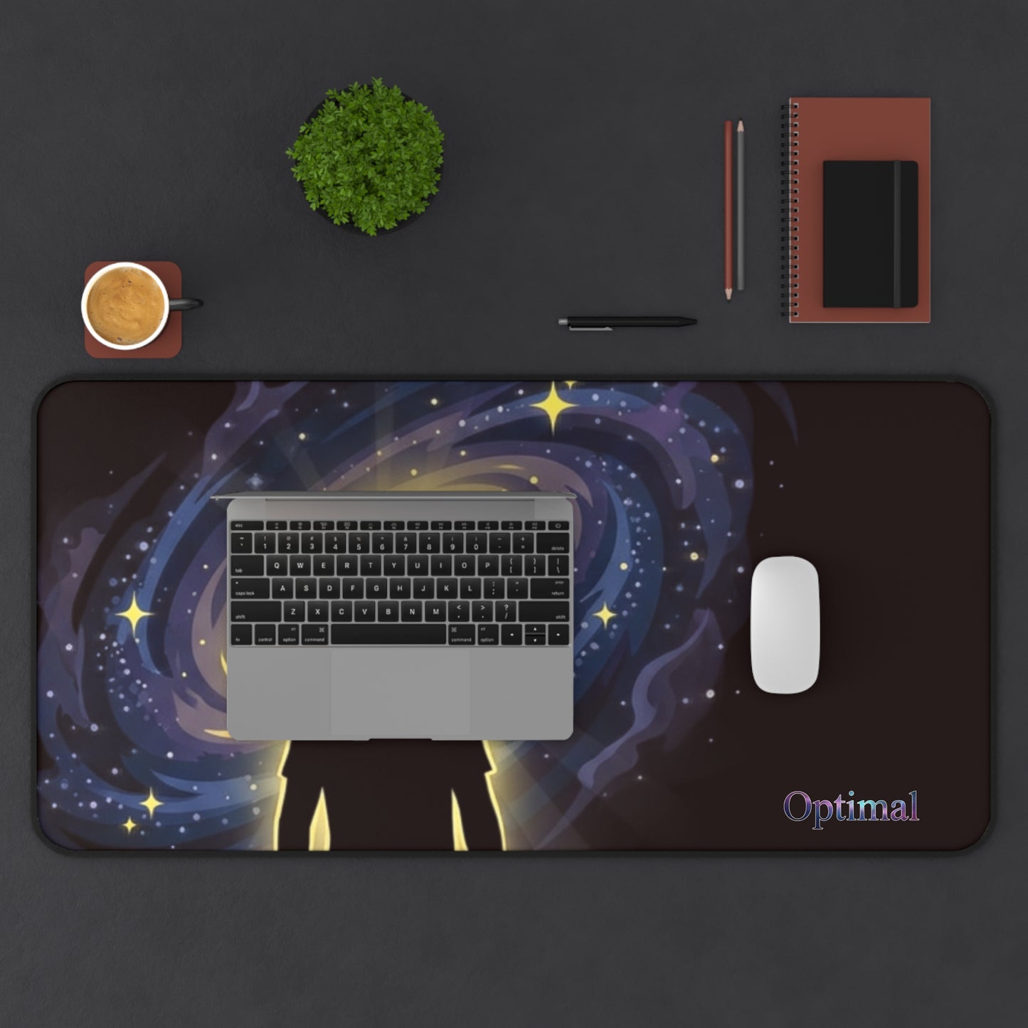 Cosmic Mind Desk Mat — Galaxy Silhouette Mousepad with "Optimal" Text