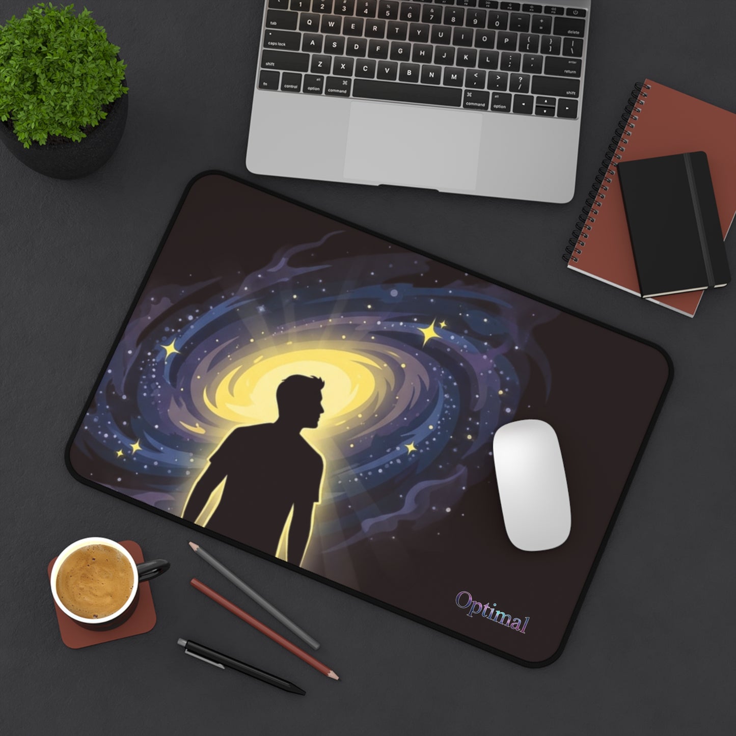 Cosmic Mind Desk Mat — Galaxy Silhouette Mousepad with "Optimal" Text